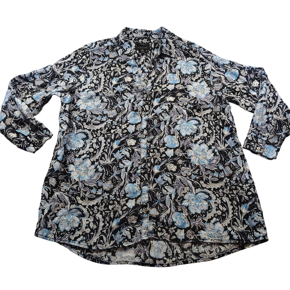 Tahari Womens 1X Linen Floral Paisley Button Up Shirt Blue Black‎ Long Sleeve